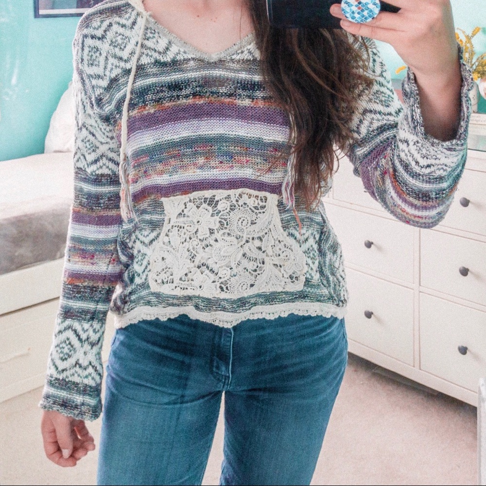 Grunge Crocheted Pattern Multi-Colored Lace Hoodie